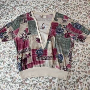 Vintage 70s Floral Patchwork V-Neck Knit Top Season Ticket L